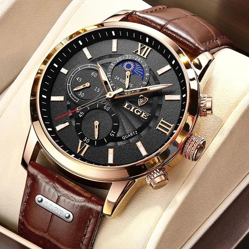 2023 New Mens Watches LIGE Top Brand Luxury Leather Casual Quartz - ACO Marketplace