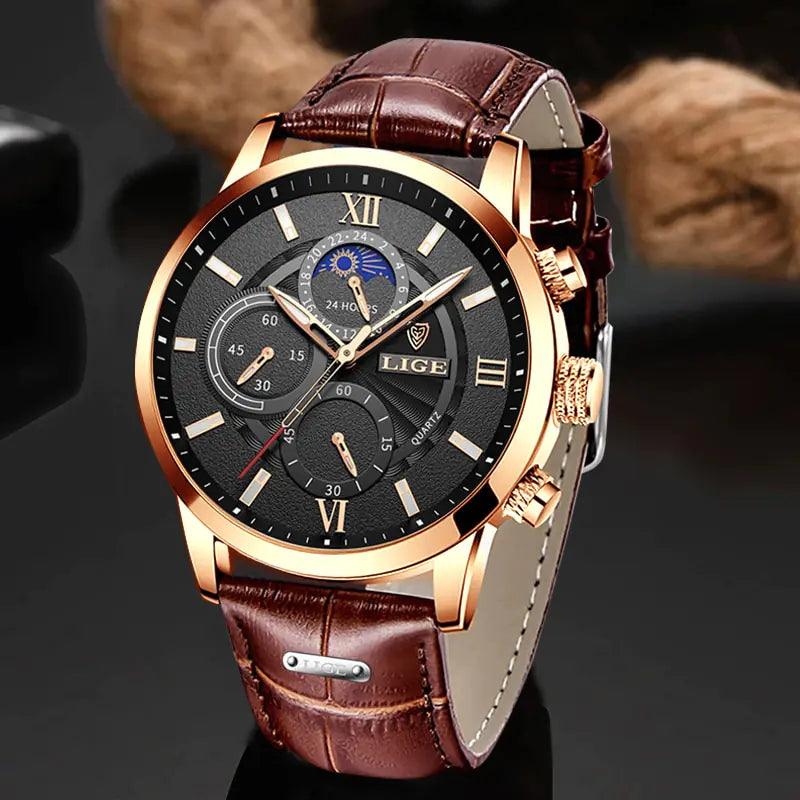 2023 New Mens Watches LIGE Top Brand Luxury Leather Casual Quartz - ACO Marketplace