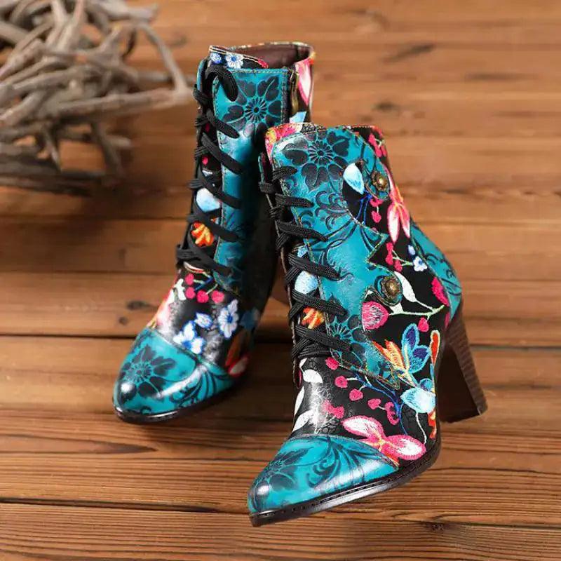 Armak2 - Vibrant Floral Pattern Leather Booties For Women - ACO Marketplace