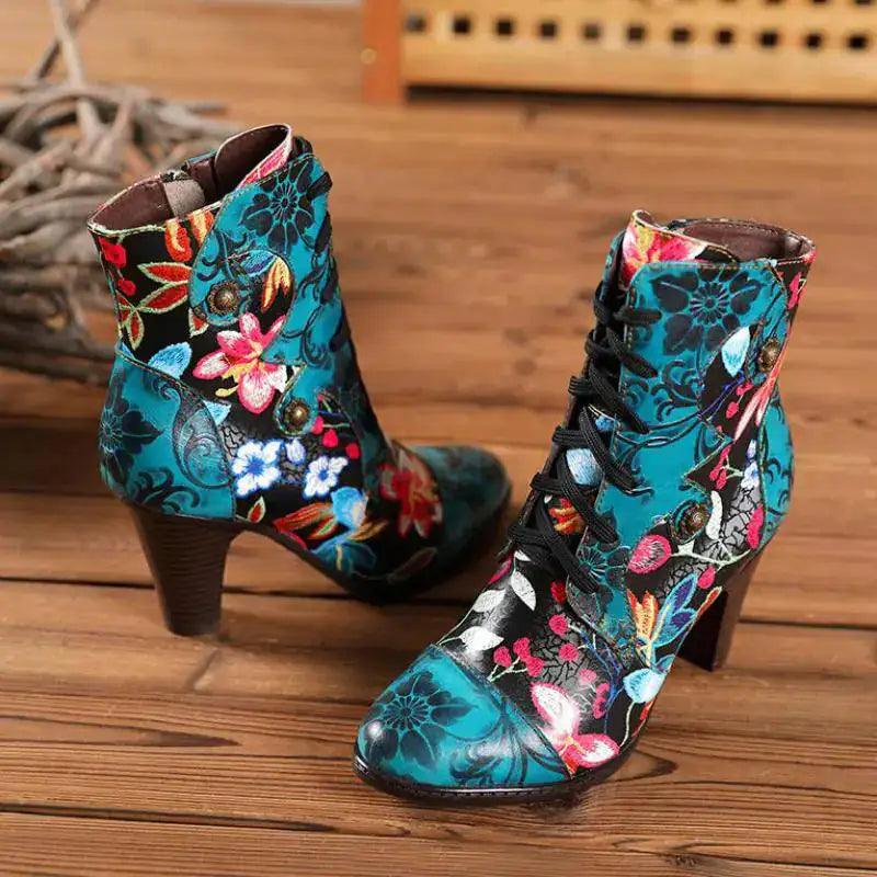 Armak2 - Vibrant Floral Pattern Leather Booties For Women - ACO Marketplace