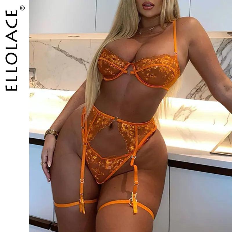 Ellolace Orange Lace Embroidery Lingerie Set - Sexy Transparent 3-Piece Mesh Bra and Shortst - ACO Marketplace