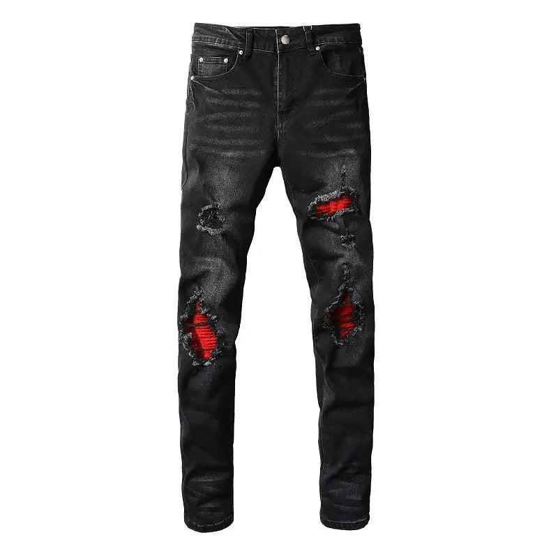 Men's Black Embroidered Ripped Slim Fit Hip Hop Jeans - ACO Marketplace